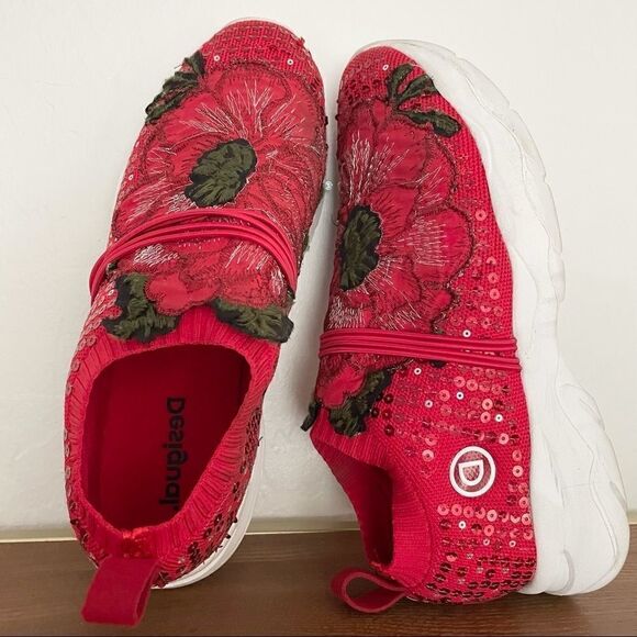 DESIGUAL Red Sequin Valentine’s Floral Sneakers - Picture 6 of 11